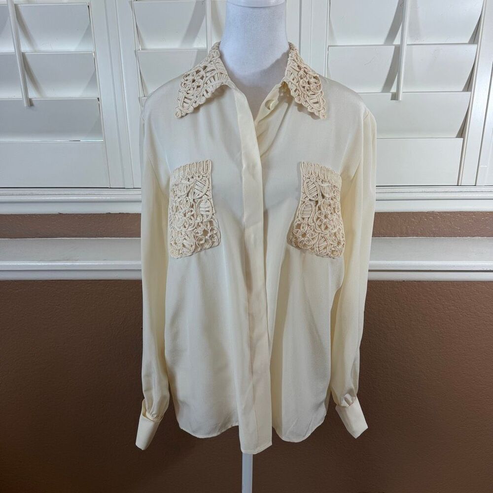 Vintage Valentino Miss V Ivory Silk Blouse Crochet Lace Collar Sz M Romantic 90s